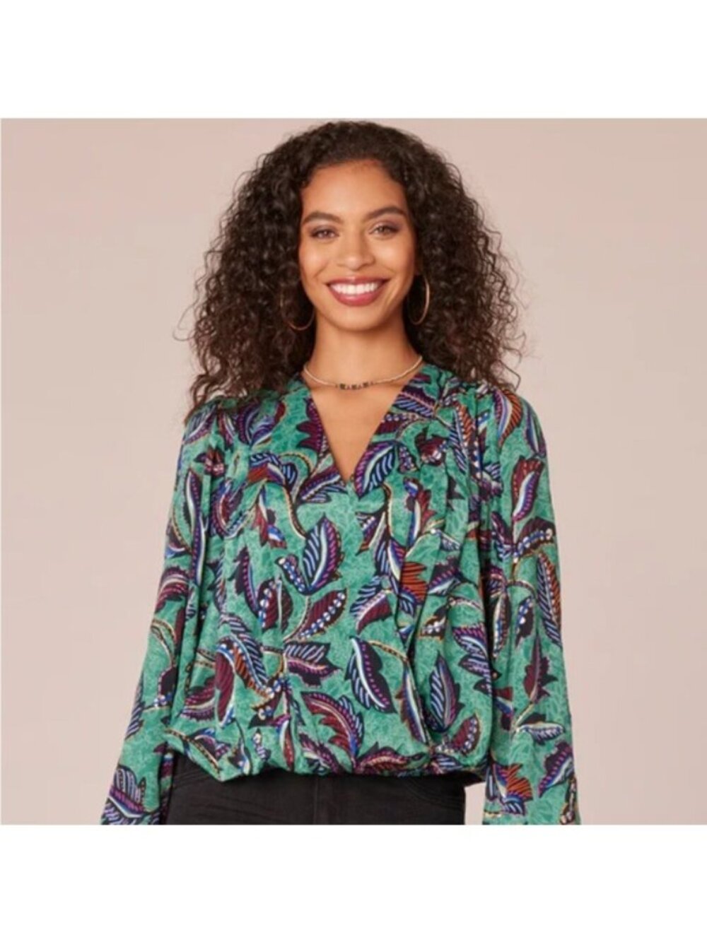 Democracy Boho Green Tropical Leaf Print Long Sleeve V-Neck Blouse XS